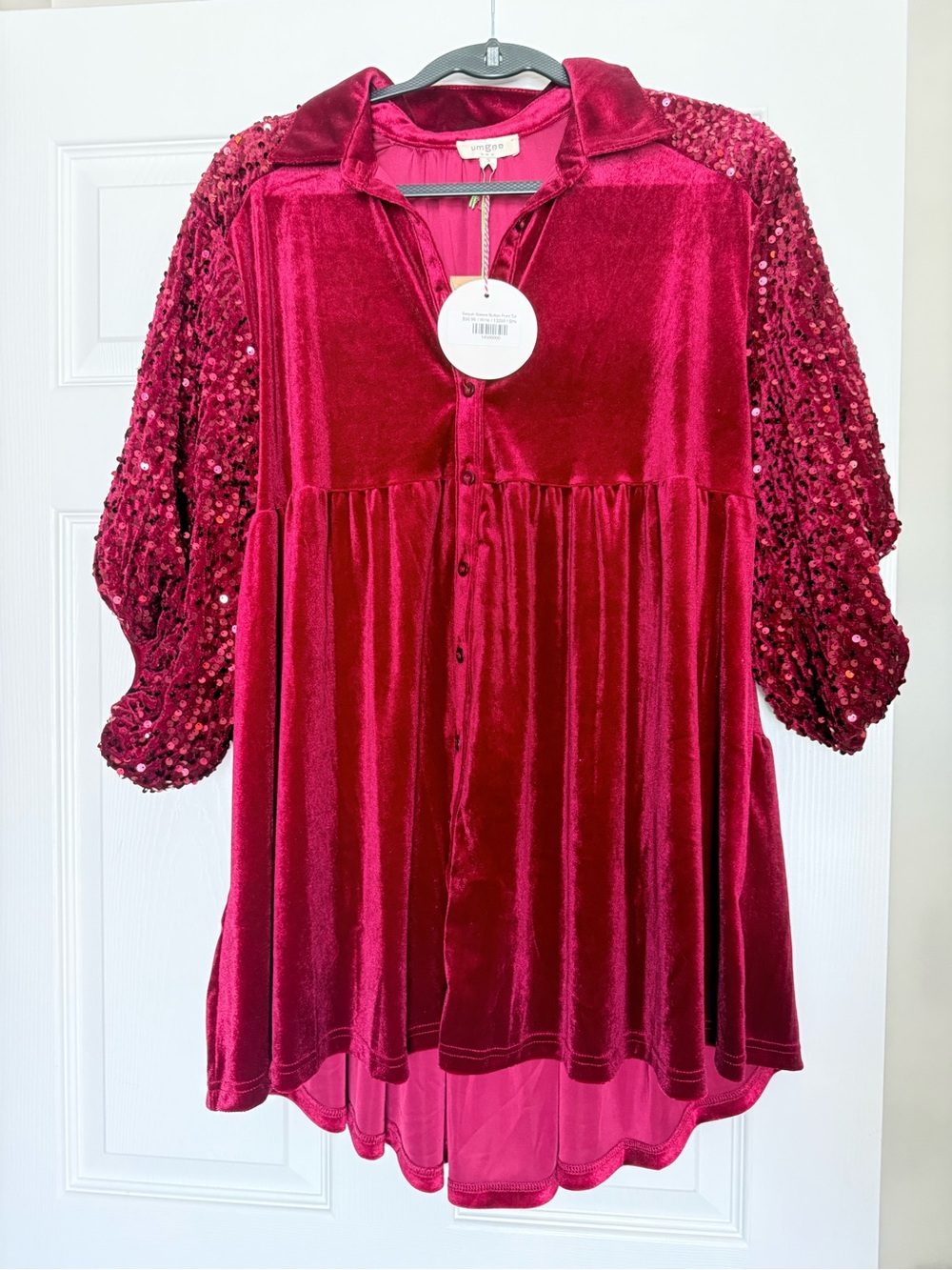 Umgee Sequin-Sleeve Velvet Button-Front Tunic - Burgundy